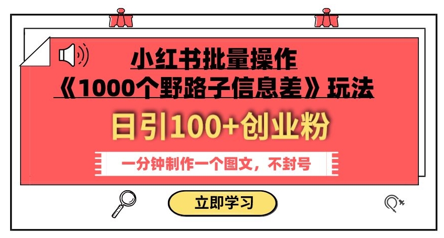 小红书批量操作《1000个野路子信息差》玩法，一分钟制作一个图文，不封号，日引100+创业粉-遨游资源库