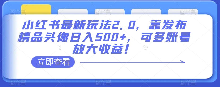 小红书最新玩法2.0，靠发布精品头像日入500+，可多账号放大收益！【揭秘】-遨游资源库