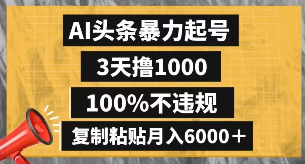 AI头条暴力起号，3天撸1000,100%不违规，复制粘贴月入6000＋【揭秘】-遨游资源库
