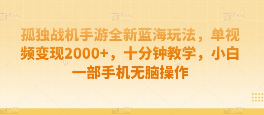 孤独战机手游全新蓝海玩法，单视频变现2000+，十分钟教学，小白一部手机无脑操作【揭秘】-遨游资源库