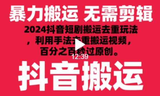 2024最新抖音搬运技术，抖音短剧视频去重，手法搬运，利用工具去重，达到秒过原创的效果【揭秘】-遨游资源库
