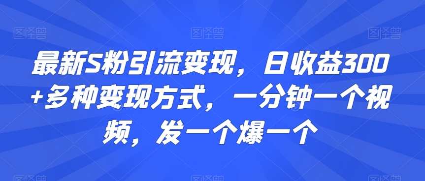 最新S粉引流变现，日收益300+多种变现方式，一分钟一个视频，发一个爆一个【揭秘】-遨游资源库