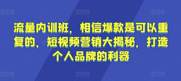 流量内训班，相信爆款是可以重复的，短视频营销大揭秘，打造个人品牌的利器-遨游资源库