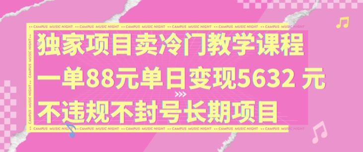 独家项目卖冷门教学课程一单88元单日变现5632元违规不封号长期项目【揭秘】-遨游资源库