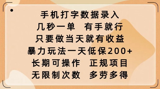 手机打字数据录入，几秒一单，有手就行，只要做当天就有收益，暴力玩法一天低保2张-遨游资源库