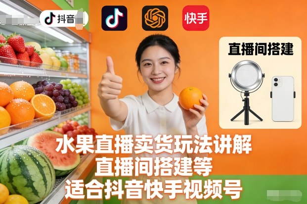 水果直播卖货玩法讲解、直播间搭建等，适合抖音快手视频号-遨游资源库
