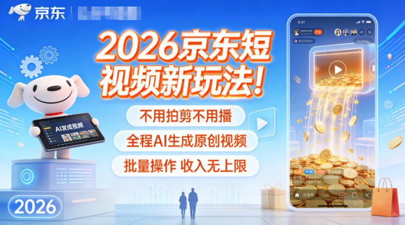 2026京东短视频新玩法！不用拍剪不用播，全程AI生成原创视频，批量操作收入无上限-遨游资源库
