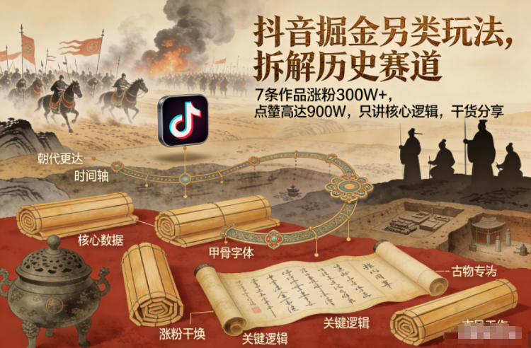 抖音掘金另类玩法，拆解历史赛道，7条作品涨粉300W+，点赞量高达900W，只讲核心逻辑，干货分享-遨游资源库