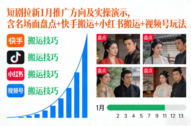 短剧拉新1月推广方向及实操演示，含名场面盘点+快手搬运+小红书搬运+视频号玩法-遨游资源库