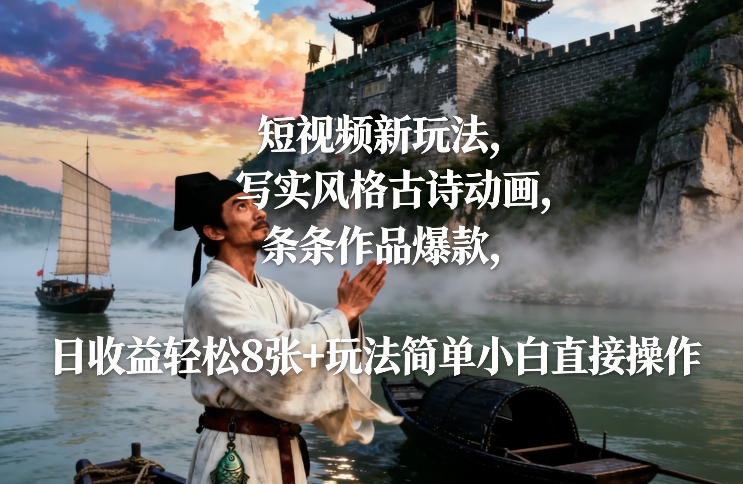 短视频新玩法，写实风格古诗动画，条条作品爆款，日收益轻松8张+玩法简单小白直接操作-遨游资源库