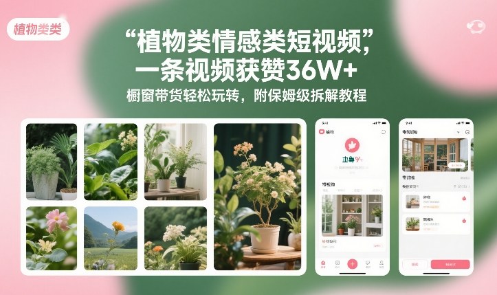 植物类情感类短视频，一条视频获赞36W+，橱窗带货轻松玩转，附保姆级拆解教程-遨游资源库