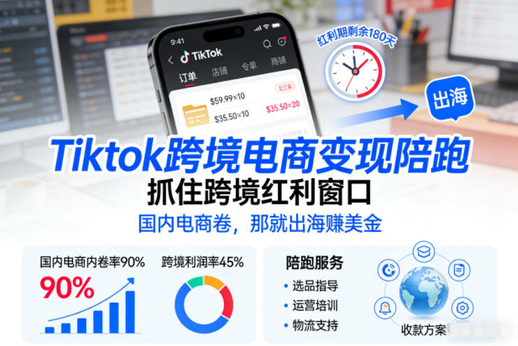 Tiktok跨境电商变现陪跑，抓住跨境红利窗口，国内电商卷，那就出海賺美金-遨游资源库