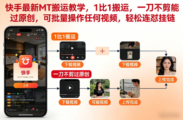 快手最新MT搬运教学，1比1搬运，一刀不剪能过原创，可批量操作任何视频，轻松连怼挂链-遨游资源库