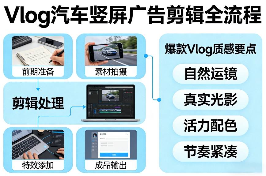 Vlog感觉汽车竖屏广告剪辑脚本全流程，拿捏爆款Vlog质感-遨游资源库