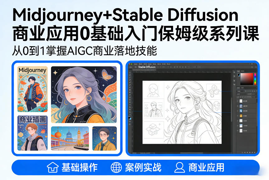 AIGC商业应用Midjourney+Stable Diffusion教程，0基础入门保姆级系列课-遨游资源库