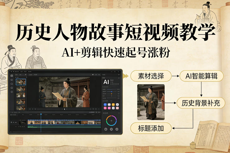 历史人物故事短视频教学，AI+剪辑制作历史人物题材短视频，快速起号涨粉-遨游资源库