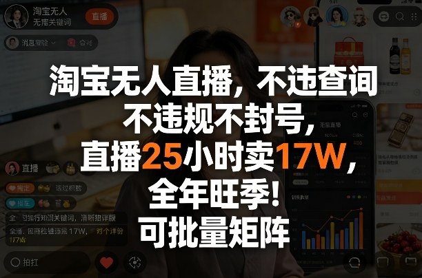 淘宝无人直播，不违规不封号，直播25小时卖17W，全年旺季！可批量矩阵【揭秘】-遨游资源库