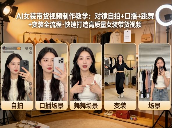 AI女装带货视频制作教学，对镜自拍、口播、跳舞、变装全流程，快速打造高质量女装带货视频-遨游资源库