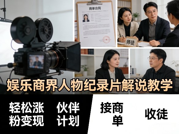 娱乐商界人物纪录片解说教学，轻松涨粉变现，伙伴计划，接商单，收徒等-遨游资源库