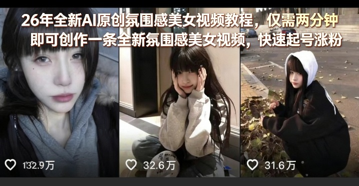 26年全新AI原创氛围感美女视频教程，仅需两分钟即可创作一条全新氛围感美女视频，快速起号涨粉-遨游资源库