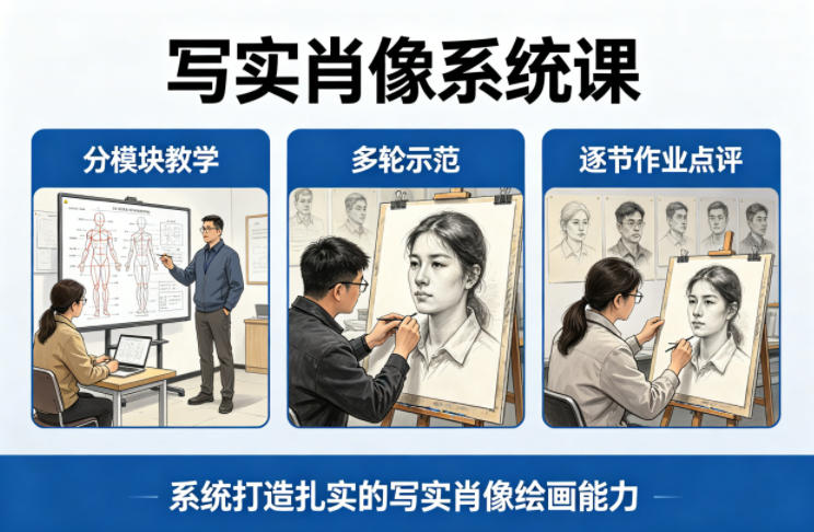写实肖像系统课，全程分模块教学+多轮示范+逐节作业点评，系统打造扎实的写实肖像绘画能力-遨游资源库