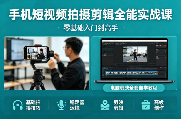 手机短视频拍摄剪辑全能实战课：零基础入门到高手，稳定器运镜+电脑剪映全套自学教程-遨游资源库