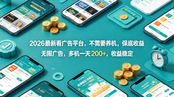 2026最新看广告平台，不需要养机，保底收益，无限广告，多机一天200+，收益稳定【揭秘】-遨游资源库