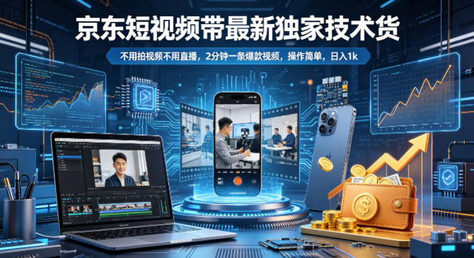 京东短视频带货最新独家技术，不用拍视频不用直播，2分钟一条爆款视频，操作简单，日入1k+【揭秘】-遨游资源库