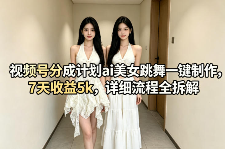 视频号分成计划ai美女跳舞一键制作，7天收益5k，详细流程全拆解-遨游资源库