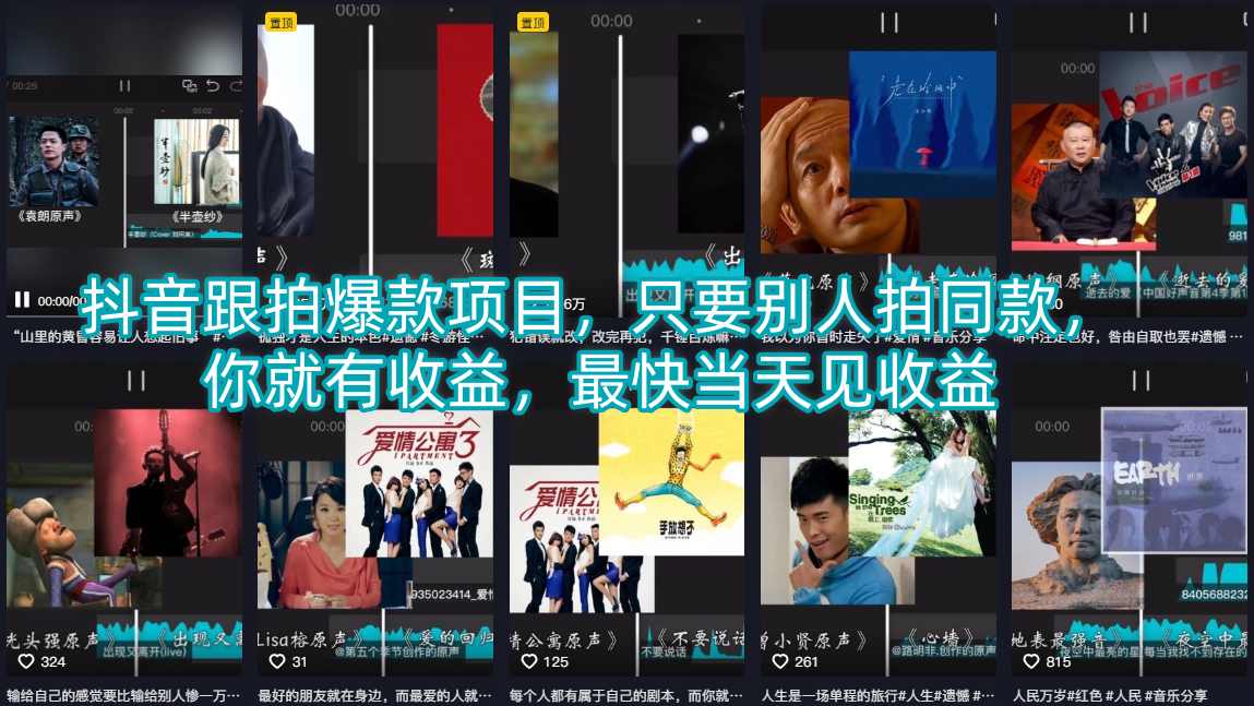 抖音跟拍爆款项目，只要别人拍同款，你就有收益，最快当天见收益-遨游资源库