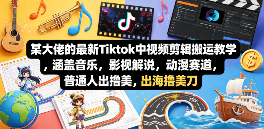 某大佬的最新Tiktok中视频剪辑搬运教学，涵盖音乐，影视解说，动漫赛道，普通人出海撸美刀-遨游资源库