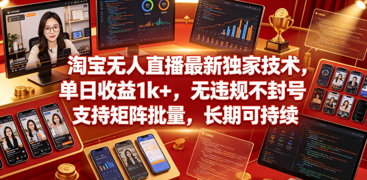 淘宝无人直播最新独家技术，单日收益1k+，无违规不封号，支持矩阵批量，长期可持续【揭秘】-遨游资源库