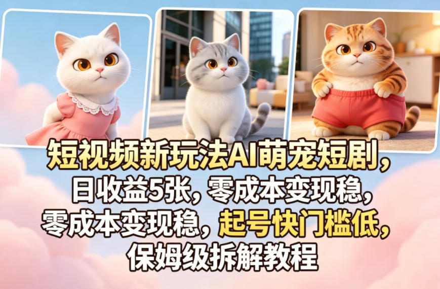 短视频新玩法AI萌宠短剧，日收益5张，零成本变现稳，起号快门槛低，保姆级拆解教程-遨游资源库