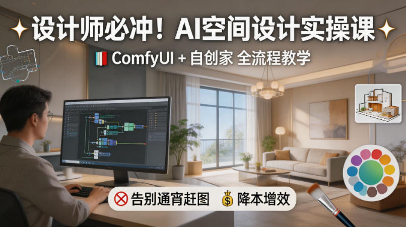 设计师必冲！AI空间设计实操课，ComfyUI+自创家全教学，告别通宵赶图，降本增效-遨游资源库
