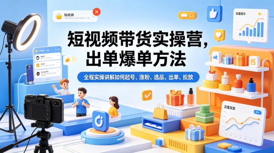 短视频带货实操营，出单爆单方法，全程实操讲解如何起号、涨粉、选品、出单、投放-遨游资源库