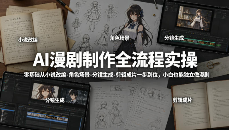 AI漫剧制作全流程实操，零基础从小说改编-角色场景-分镜生成-剪辑成片一步到位，小白也能独立做漫剧-遨游资源库