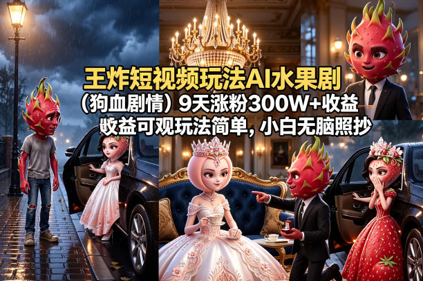 王炸短视频玩法AI水果剧（狗血剧情）9天涨粉300W+收益可观玩法简单，小白无脑照抄，详细拆解玩法-遨游资源库