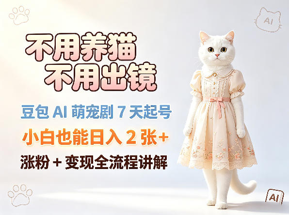 不用养猫不用出镜，豆包AI萌宠剧7天起号，小白也能日入2张+，涨粉+变现全流程讲解-遨游资源库