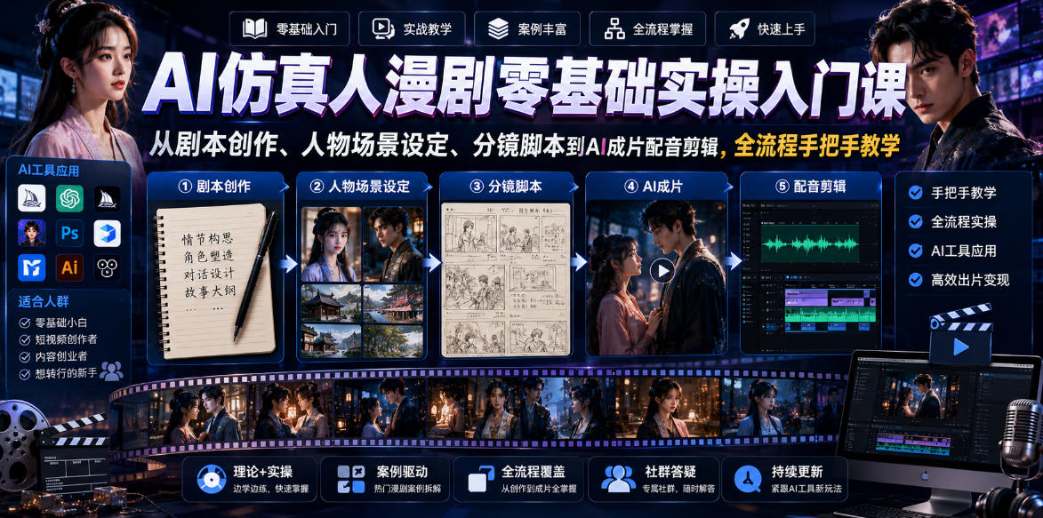 AI仿真人漫剧零基础实操入门课，从剧本创作、人物场景设定、分镜脚本到AI成片配音剪辑，全流程手把手教学-遨游资源库