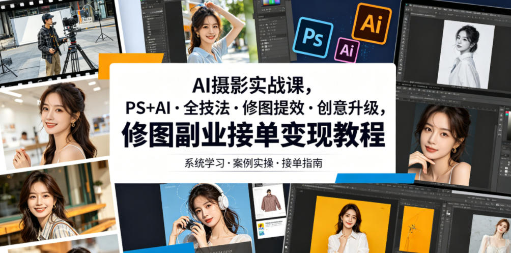 AI摄影实战课，PS+AI・全技法・修图提效・创意升级，修图副业接单变现教程-遨游资源库