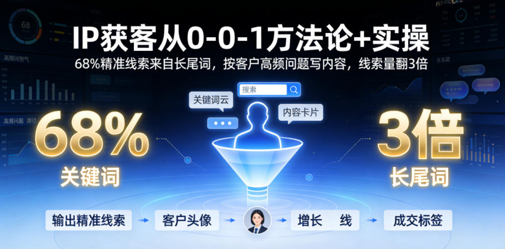 IP获客从0-1方法论+实操，68%精准线索来自长尾词，按客户高频问题写内容，线索量翻3倍-遨游资源库