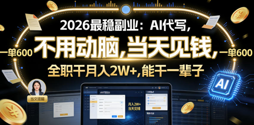 2026最稳副业：AI代写，不用动脑，当天见钱，一单600，全职干月入2W+，能干一辈子【揭秘】-遨游资源库