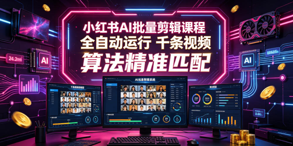小红书AI批量剪辑课程，24小时全自动运行，解放双手专注运营，千条视频批量处理，小红书算法精准匹配-遨游资源库