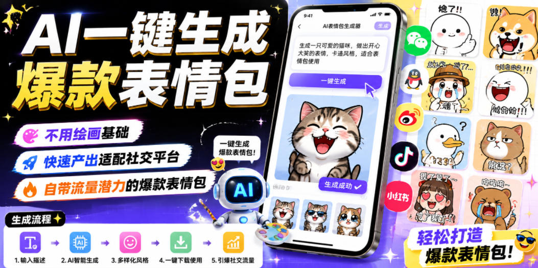 AI一键生成爆款表情包，不用绘画基础，快速产出适配社交平台，自带流量潜力的爆款表情包-遨游资源库