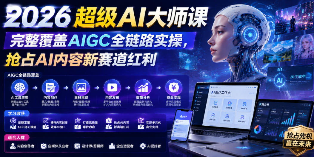2026超级AI大师课，完整覆盖AIGC全链路实操，抢占AI内容新赛道红利-遨游资源库