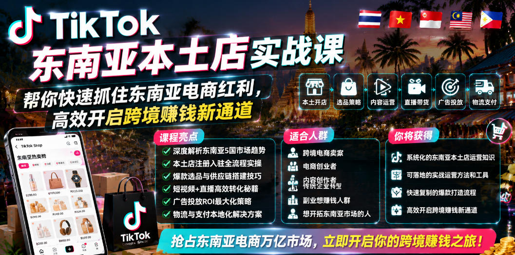 TikTok东南亚本土店实战课，帮你快速抓住东南亚电商红利，高效开启跨境賺钱新通道-遨游资源库