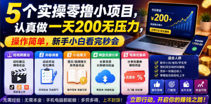 5个实操零撸小项目，认真做一天200无压力，操作简单，新手小白看完秒会【揭秘】-遨游资源库