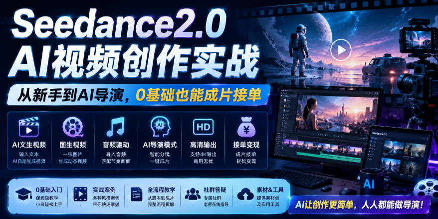 Seedance2.0 AI视频创作实战，从新手到AI导演，0基础也能成片接单变现-遨游资源库