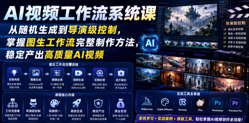 AI视频工作流系统课，从随机生成到导演级控制，掌握图生工作流完整制作方法，稳定产出高质量AI视频-遨游资源库
