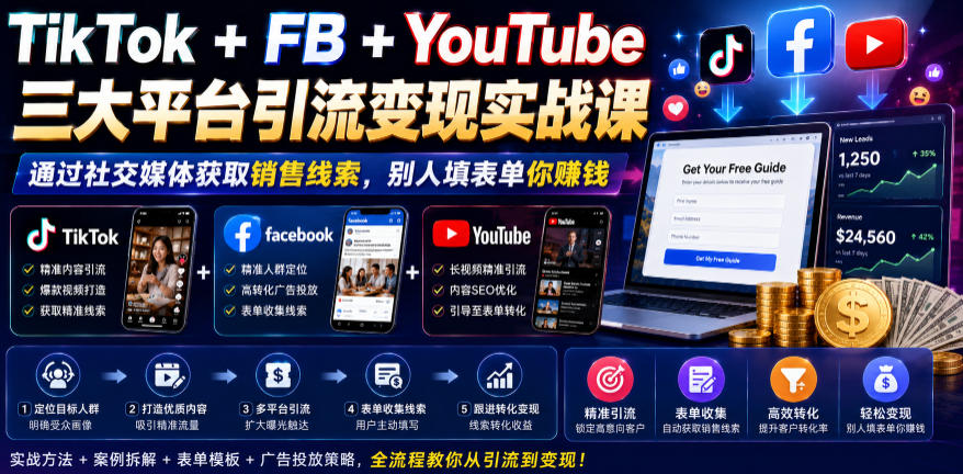 TikTok+FB+YouTube三大平台引流变现实战课，通过社交媒体获取销售线索，别人填表单你賺钱【原创双语字幕】-遨游资源库